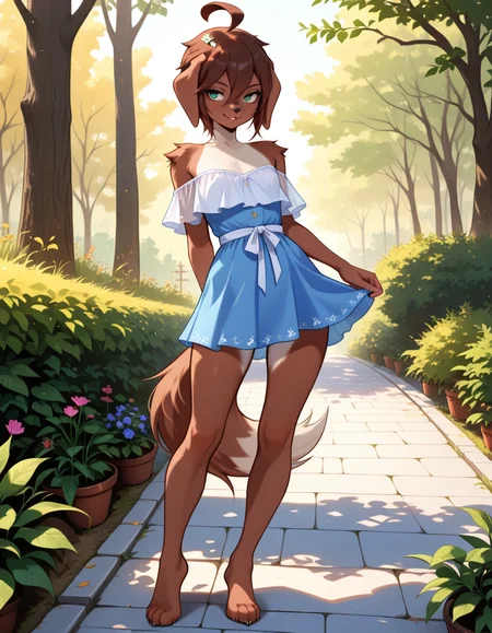 masterpiece, best quality, very aesthetic, absurdres,
outdoors, dressed,
full body, standing, posing, 
seductive smile, parted lips, long eyelashes,
<lora:Kess_v01_NAIXL:1>
Kess,1girl,solo,furry,furry female,dog girl,brown hair,short hair,hair between eyes,dog ears,green eyes,snout,animal nose,body fur,brown fur,dog tail,