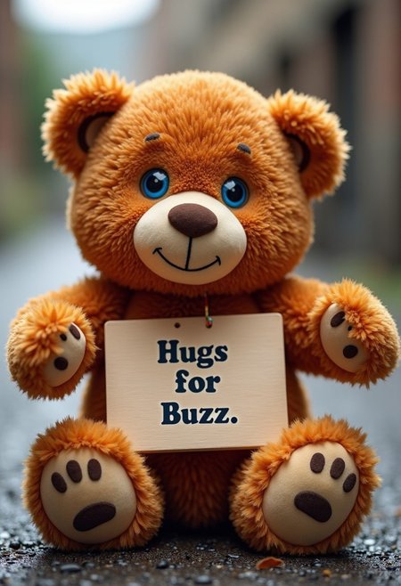 Big Brown Teddy with blue eyes, Open Arms, a sign at with the wird's Hugs for Buzz