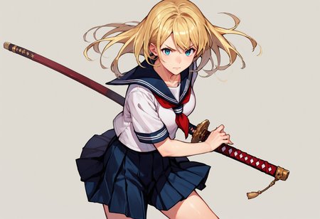 score_9_up score_8_up score_7_up, source_anime, 1girl, battoujutsu, blonde hair, serafuku, school uniform, pleated skirt
<lora:battoujutsu_stance_24retry_pony_rework_final_svd_d8:1>