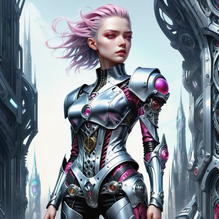((best quality)), ((masterpiece)), ((realistic,digital art)), (hyper detailed),DonMR0s30rd3rXL cyborg knight upper body clothing, Henley Neck, Biomech Silk, Sphere,,  Cutout Sleeves, Knee Length, High Waist,  High Slit, Corset Closure,,Embellishments,  , octane rendering <lora:DonMR0s30rd3rXL-000012:0.8>