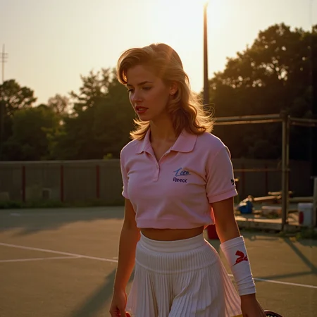 analog film photo retro 1980s slasher film still, 3/4 body shot on grainy Kodak analog film, a preppy high school girl stands alone on an empty tennis court at sunset, warm golden-hour haze, soft pastel tones, shallow depth of field, she wears a high-waisted pleated white skirt, pastel pink Izod polo shirt with a sweater loosely tied over her shoulders, vintage Reebok sneakers and tube socks, hair in a voluminous feathered blowout with soft golden highlights, glossy pink lipstick and subtle eyeliner for a sun-kissed natural glam look, holding a tennis racket down by her side like a weapon, camera angle low and tilted, lens flare and warm bloom from the setting sun, eerie stillness, the air feels thick with dread but she looks too perfect to notice, frozen in a moment before the scream
  <lora:final-girlsv2.1:0.9> fgsv3 . faded film, desaturated, 35mm photo, grainy, vignette, vintage, Kodachrome, Lomography, stained, highly detailed, found footage, RAW candid cinema, 16mm, color graded portra 400 film, remarkable color, ultra realistic, textured skin, remarkable detailed pupils, realistic dull skin noise, visible skin detail, skin fuzz, dry skin, shot with cinematic camera