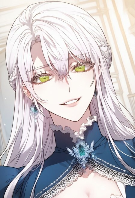 highly detailed, masterpiece, score_9,score_8_up,score_7_up, (manhwa artstyle),  Charlize Rienta, White hair, Green eyes, Hair between eyes, Long hair, cowboy shot, high quality, high quality eyes, EyesHD, looking at viewers, front view, seductive smile
