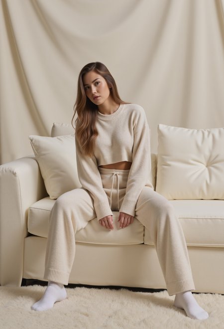 beautiful young woman, long hairstyle, large round breasts, clo021, wearing a cozy beige cropped knit sweater, wide-leg lounge pants, modern styled white socks, sitting comfortably on the white sofa in a detailed white living room