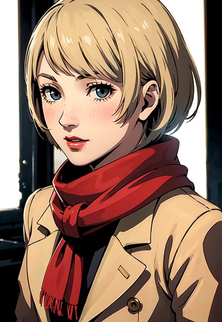 high quality, hd, ashley-re4, 1girl, blonde hair, short hair, scarf, coat, looking at viewer, blush, red lips, white background, highres, shaded face, solo, upper body,  <lora:ashleyGrahamResident_v11:0.4>