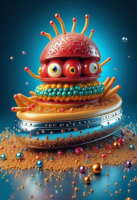 a very detailed realistic hotdog made out of shiny chrome-steel ball bearings,  highly detailed cosmic background, masterpiece, absurdres