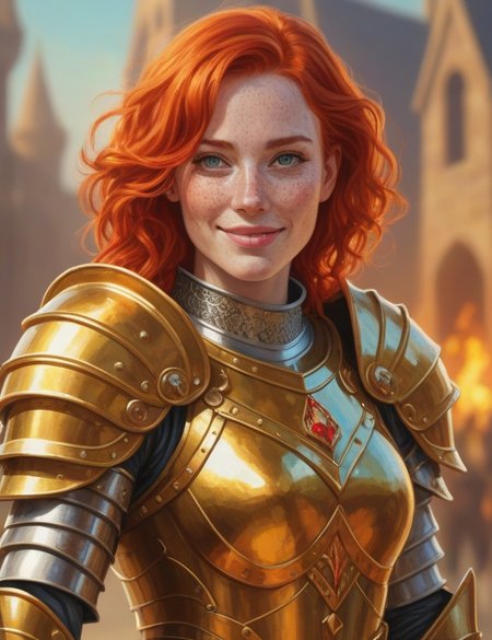 digital painting of a fantasy art of a regal female knight with red hair freckles and  large breasts wearing legendary golden crystal armor, grinning, amused, looking at viewer, arena in the background, vibrant picture, vivid colors,