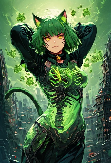 3l3m3ntp, cr1tter, detailed, transparent, (action pose),
woman, arms up, smirk, closed mouth, yellow eyes, makeup, fluffy green cat ears, short green hair, bangs, cat whiskers marks, large breasts,(green cat tail:1.4),socks, neck bell,
(futuristic night city tokyo:1.4), (green neon), brutalist architecture,
score_9, score_8, score_7, score_6, absurdres, skeleton, spine, hip_bones, ribcage, legs bones, solo, half body,
(transparent, transparent_body, transparent_skin),