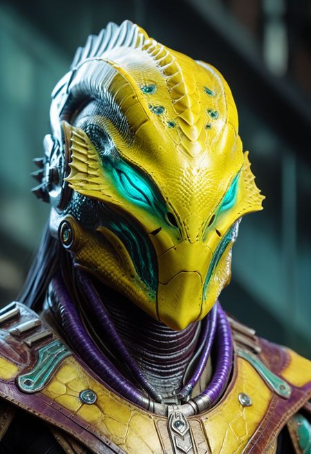 ultra realistic, realism, aquatic, reptilian fish alien, Genestealer, cinematic, mechanical face mask, indentation, beveling, edge bevels,  wearing leather science fiction armor, (((without helmet))), (((no helmet))), exudes confidence and power, talons, claws, crustacean, Colors: yellow and turquoise and violet, volumetric lighting, realistic subsurface scattering  , cinematic low-key portrait photography, hyper detailed, texture, 8k, HD, UHD, perfect texture, featured on Artstation, top of Pinterest, (((no eyes)))