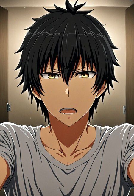 high resolution, solo, best quality, 1Boy, Seiya Kanie, black hair, short hair, kabedon POV, T-Shirt, OverallDetail