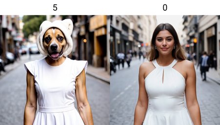a beautiful woman in white dress, face, in street <lora:dog_slider_v10:5>