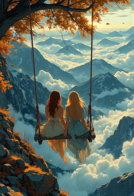 score_9, score_8_up, score_7_up, dark and restless composition. Stunning top view of a tranquil scene in the mountains: two women, 25 years old, different colored hair, long hair. long elegant dresses, sitting together on a wooden swing. wooden swing on branch above the clouds. free shoulders. dress blowing in the wind. simple wooden boards, rustic rope.  Above you can see the very detailed mountains. are hidden. ethereal light. vivid contrast. hyperrealistic, cinematic style. surreal touch. The light is warm.
aidmamj6.1, vivid color, vivid background,