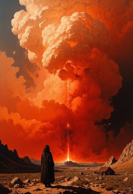 highly detailed and hyper realistic and dynamic. This image is a highly detailed, vividly colored digital painting depicting a dramatic wildfire. The painting, likely created using digital illustration software, features a massive, fiery red-orange cloud of smoke towering over a barren, rocky landscape. The sky is almost completely painted in an intense orange red tone of the fire, smoke and cloud. Only a small part of the sky in the upper left corner of the image is a muted gray, contrasting sharply with the intense orange red of the wildfire. In the foreground, a lone female figure in a long, dark coat stands with her back to the viewer, gazing at the fire. The figure is silhouetted against the bright sky, adding a sense of scale and isolation. The lighting is natural. The background is in focus, showing a distant, dark mountain range and a few small, indistinct huts burning in the fire. The painting's style is realistic with a highly surreal touch and an emphasis on dramatic lighting and vivid colors. The aesthetic quality of the image is very high, with excellent use of contrast and detail. The artist's technique showcases a mastery of digital painting, with smooth textures and dynamic composition.