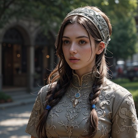 RAW photo, (masterpiece:1.3), subsurface scattering, heavy shadow, (high quality:1.4), (intricate, high detail:1.2), professional photography, HDR, High Dynamic Range, realistic, ultra realistic, photorealistic, high resolution, film photography, ambient lighting, atmospheric effects, <lora:detail_slider_v4:2>, OverallDetail, epic medieval fantasy, a profession with haircolor hairstyle hair, headwear, neckwear, wristwear,  accessories, daytime, <lora:zoom_slider_v1:-1.5>,  <lora:cleavage:-1>, in the style of artist, epiCPhoto
