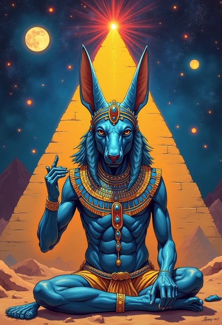 a drawing of Lunar Anubis, Egyptian psychadelic journey, a pharoh having a psychadelic vision, drinking from the tree of life, ((sigil of pyramid, sigil of great power, frames cube FancyTurning:1.5), (three planes) X Y Z in occult space, colorful psychedelic Egyptian themed trip, drinker of the fountain of life,