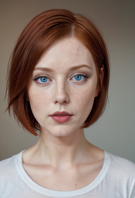 <lora:AlienorXL:0.8> AlienorXL, 1girl, redhair in short bob cut, blue eyes, freckles ,((best portrait)), ((head raised)),  ((pale skin)), ((lipstick))
((plain t-shirt)), (masterpiece, best quality), intricate details, realistic, photorealistic,  flawless structure, masterpiece, (portrait), natural skin, oiled skin, subsurface scattering, shot with cinematic camera, soft lighting, high quality, best quality, masterpiece, best picture, sexy, lovely, stunning