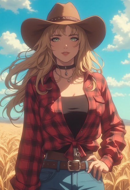 (8k resolution, absolute masterpiece, ultra detailed, best quality, masterpiece, colorful, highest detailed), (intricate details), (dynamic angle), masterpiece, best quality, Good quality, very aesthetic, absurdres, 1girl, hanfu, autumn, green eyes, cloud, cloudy sky, cowboy shot, windy, day, long hair, flowing, blonde hair, close up, wearing unbottoned red plaid shirt, black tanktop, jeans, belt, cowboy hat, necklace, jewellery, waist up, thick lips, light rays, looking at viewer, outdoors, sky, smile, smirk, posing, hands on hips, solo, wheat, wheat field, farm, Bright And Sunny Lighting