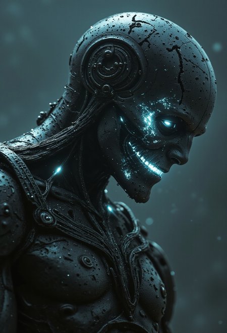 A ghost in the machine, a soldier on the edge of detonation. His face glitches violently, fractured, flickering between agony and cold, mechanical resolve. His eyes burn like ruptured floodlights, neon beams ripping through the oppressive darkness, his mouth an open wound of blinding white. The light devours him from within, cracking through his corroded armor, tearing him apart, pixel by pixel. His body convulses, warping between twisted metal and frenzied static, neon scars pulsing like dying veins of circuitry. The air hums with a sickening distortion, reality warping, his form flickering and collapsing, barely holding on to existence. Glitching shadows stretch unnaturally, his body a broken frame of broken code, seconds from oblivion. Kneeling amidst the ruins of his own disintegrating self, he whispers to the void. The war has ended, but he remains, a dying echo of what once was.