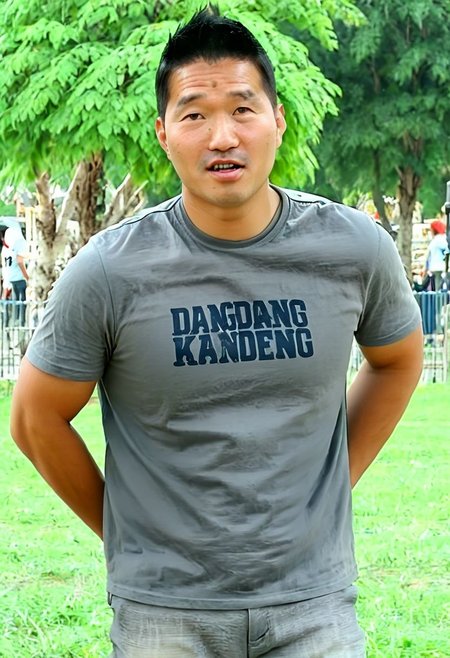 (((htkangface))), daddy,  natural face expression, (((detailed HtKangface))), fixed htKangface Photorealistic, realistic, masterpiece, intricate details, detailed background, depth of field, photo of a handsome, dynamic pose, natural face expression, (((looking at viewer))), high detail, high quality, male focus,  ((T-shirt)), ((pants)), ((park background))