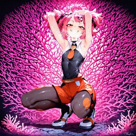 1girl, coral_(pokemon), pokemon_horizons,  rella, rolua,quasarcake:0.7, Fishine, negative space, very awa, toraishi 666:0.8,flanvia:0.9  ,negative space, retro_artstyle,mesugaki ,black_eyes, black_footwear, breast_pocket ,collared_shirt ,  grin , looking_at_viewer ,necktie  orange_necktie,orange_shorts ,pink_hair, pocket ,shirt ,shoes ,shorts, smile ,solo ,teeth ,twintails  ,pantyhose,sweat, in heat, steaming body,flat chest, heavy breathing, naughty face, seductive smile, half-closed eyes, arms on back , arm up, armpits ,squatting , thick thigh,solo,
masterpiece, best quality, Good quality, very aesthetic, absurdres, newest, (Perfect details),
<lora:ponyv5_noobV065S_1_adamW:0.8>, <lora:illustrious_noobai_epsilon_pred_1_best_quality_v1:0.7> ,<lora:illustrious_noobai_epsilon_pred_11_very_aesthetic_v1:0.7> ,<lora:illustrious_noobai_epsilon_pred_1_masterpieces_v1:0.7> , <lora:coralbugXL:0.8>