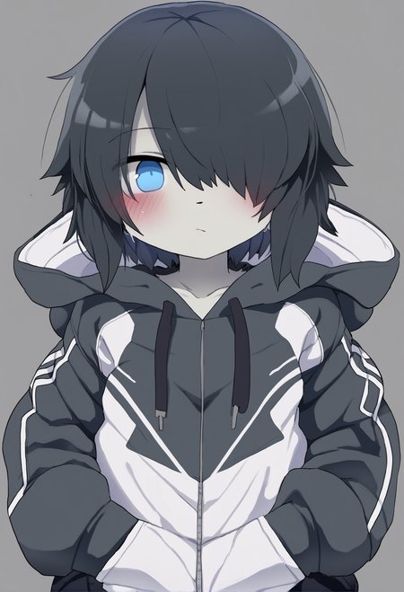 masterpiece, hyper detailed, best quality,(furry:1.3),solo, blue eyes, 1girl, looking at viewer, hood, closed mouth, short hair, grey background, black hair, hair over one eye, jacket  ,<lora:DAGASIXLlokr8f-000188:0.95>