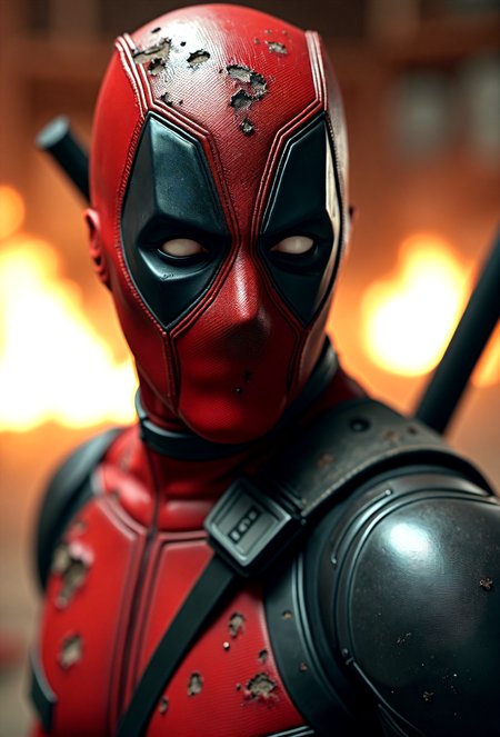 Award winning photography,Comic book character Deadpool,close up,(torn costume:1.4)),(bullet holes in costume:1.4),bloody wounds,fire and explosions in background,warehouse at night,nikon 350D,RAW,bokeh,action shot,  . embedding:EZRealPONYXL,