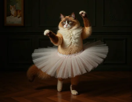 Da Vinci style <lora:funnys:0.7>, This is a high-resolution, CGI-rendered photograph of a fluffy, red tortoise and white siamese cat dressed in a ballet tutu. The cat is depicted mid-ballet pose, with one paw raised elegantly in the air, and the other firmly planted on the floor. The tutu is a soft, pastel white, adding a whimsical and playful element to the image. The cat's fur is meticulously detailed, showcasing its fluffy texture and the intricate patterns of its fur, including the distinctive markings on its face., The background features a dark green wall with elegant wainscoting, adding a classic and sophisticated atmosphere to the scene. On the wall to the left, there is a framed photograph of another cat, which adds to the whimsical and humorous theme of the image. The floor is made of polished, dark wooden planks, which contrast with the light colors of the cat and tutu. The overall composition and lighting create a warm and inviting environment, emphasizing the playful and humorous nature of the scene. The image captures the essence of a cat's natural grace and charm, combined with a whimsical, human-like pose and attire, making it a humorous and endearing portrayal . Realistic, sfumato, detailed, chiaroscuro, "abstract