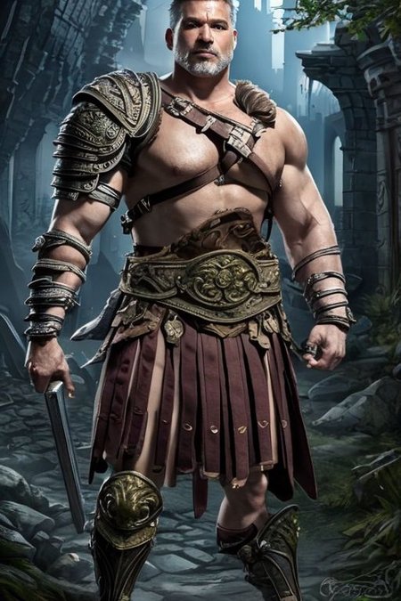 (masterpiece:1.2), (best quality,:1.2), 8k, HDR, ultra detailed, ((photorealistic)), professional light, cinematic lighting, ambient lighting,<lora:detail_slider_v4:1.5>, OverallDetail, 1man, a male! roman gladiator, <lora:Gladiator-10:0.65>, bracers, belt, shoulder armor, intricate (breastplate), cowboy shot, dynamic pose, in sinister ruins in a dark forest, FanRu <lora:FantasyRuins-10:0.7>, epiCPhoto