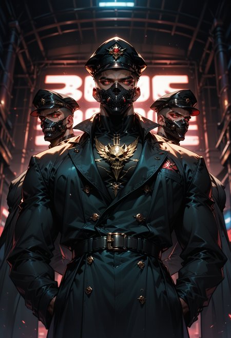 (score_9, score_8_up) ,score_7_up, 3men, bara, mask, full face mask, looking at viewer, full body, shadow men, black hat, peaked cap, in all black, red glowing eyes, gloomy, unholy, hands behind back, black trench coat, all black attire, dark background, black background, neon lights, gothic, from below pov, low-angle pov, blurry background, gritty
<lora:DetailedEyes_V3:0.5> <lora:add-detail-xl:0.5>   <lora:masky-000011:0.5>