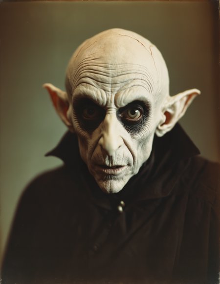 highly detailed and hyper realistic dynamic 35mm photo of Nosferatu, shot on polaroid film, cinematic still frame, film grain, shallow depth of field, creepy, crouched, faded colors, vintage, motion blur, high contrast, deep shadows, highly detailed and hyper realistic