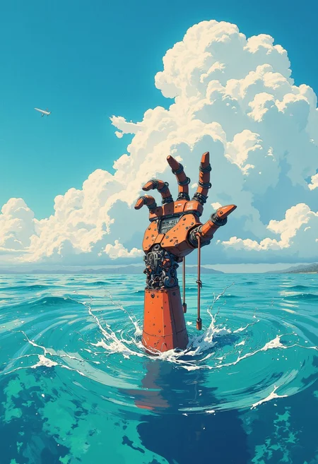 anime, cyberpunk, Detailed, vibrant, bokeh, whole picture is detailed water from above, drowning rusty robotic hand out of the water stretches to the cloudy detailed skies, masterpiece