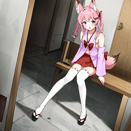 nojaoji,solo,1girl,<lora:nojaoji:1.0>,pink clothes,brond hair,twin tail,fox ears,fox tail,red,mini skirt,white,knee high socks
