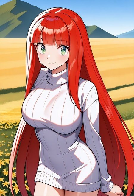 smile,  cowboy shot, 
mikami_reiko, green eyes, red hair, long hair, blunt bangs, white sweater, sweater dress, ribbed sweater, turtleneck, long sleeves, <lora:gs_mikami_reiko_illustrious_ver1:0.8>, masterpiece, best quality, general,, 1girl, solo, (field:1.2), (blue sky:1.2), looking at viewer,