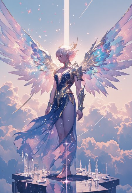 Massive angelic figure, translucent wings made of aurora borealis light, flowing robes of cosmic dust and nebulae, crown of constellation patterns, otherworldly architecture background, floating crystal kingdoms, celestial light beams, photorealistic cloud formations, ethereal atmosphere, golden hour lighting, lens flares, particle effects, astronomical elements, sacred geometry patterns, dramatic scale, epic fantasy composition, atmospheric depth, divine symbolism, ultra-detailed costume, <lora:models\Flux\FredFraiStyle-FLUX-Share:0.8> FredFraiStyle, <lora:models\Flux\Hand v2:0.8>, <lora:models\Flux\surrealidescent_v1:0.7> surreal iridescent, <lora:models\Flux\Flux DetailerV2:0.75> in the style of Jed-clrfl, <lora:models\Flux\qiu_blue_000009500:0.8>,, illustration