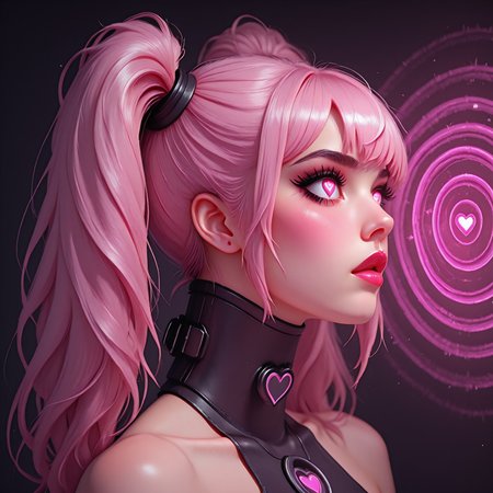 lazypos, Newfantasycore, solo, score_9, score_8_up, score_7_up, rating_questionable,  source_anime, close up, eyes focused, head and shoulders, 1girl(lulu_prime, ((heart shaped pupils)), pink hair, dual ponytails, posture collar, eye liner, mascara, smokey eye shadow, lipstick, eye lashes), ((3/4 profile)), collar bones, bare shoulders, seductive eyes, dynamic expression, lustful look, glossy pouty lips, detailed hair, detailed eyes, detailed face, eyes looking up and to the side, ((slack jaw, drool)),
BREAK hypnosis_machine, magic, circle ,under hypnosis,in a trance,No pupil, smart phone, <lora:Hypnosis_machine:1>