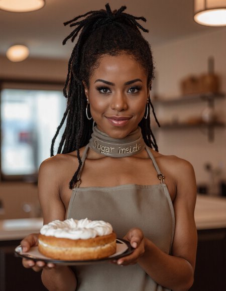 a woman, behind the counter of a bakery, cafe background, offering a creampie donut on a platter. her hair is up in a messy bun with front strands coming down on the side of her face. The girl is wearing nothing but a high neck skimpy apron. (((Her apron has text that reads âSugar insideâ))). she smiles seductively