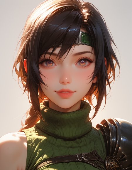 zPDXLxxx, Expressiveh, 

Yuffie, Sleeveless turtleneck, Cowl, Armor, Materia orb,

small breasts, natural sagging breasts,

score_9, score_8_up, score_7_up,score_6_up,

highres, high quality, perfection, masterpiece, detailed, source_anime, simple white background, 1girl, solo, front view portrait, face focus, intricate features, beautiful girl, young adult, youthful, petite body, detailed face, beautiful face, innocent face, eyelashes, perfect eyes, detailed eyes, medium breasts, clothed, black lace shirt, black lace choker, standing, smiling, looking at viewer,