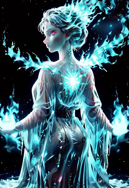 1c3_w1n73r, Fire and Ice Style ❄, Score_9, score_8_up, score_7_up, best quality, high res, 8k, Dark lighting, low lighting, night, dark background, nebula,  1girl,faceless, back view, intricate burning constellation, glowing constallation, closed robe, frozen cosmic entity, looking back at viewer, burning eyes
