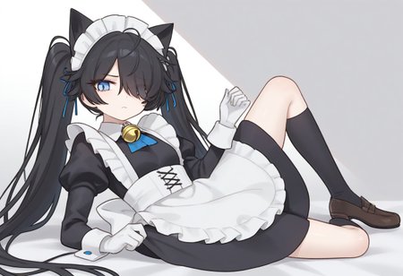 (Maid-kasli), solo, white gloves, dress, hair over one eye, maid apron, blue eyes, twintails, cat ears, maid headdress, maid, gloves, 1girl, apron, juliet sleeves, long sleeves, long hair, black hair, animal ears, bell,(Fall down),