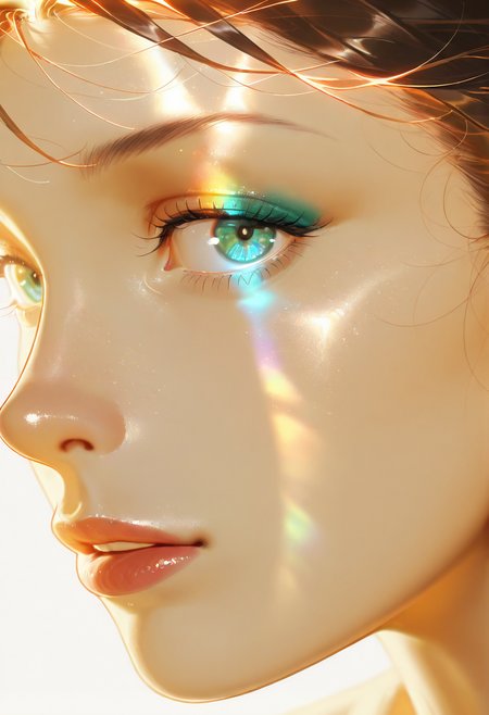 prism light, solo, 1girl, close-up, realistic, eyelashes, makeup, looking at viewer, brown hair