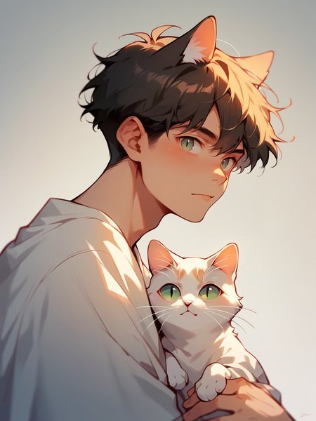 score_9, score_8_up, score_7_up, score_6_up,  <lora:p3tl0v3XLP:1> p3tl0v3, 1boy, cat, cat on head