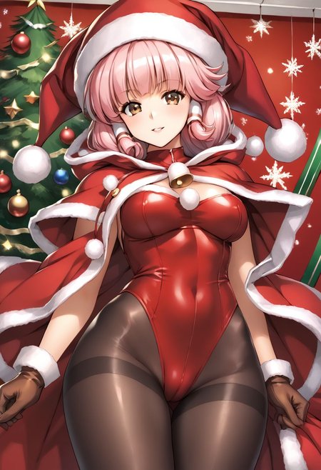 score 9, score 8 up, score 7 up, rating questionable, detailed background,  diana silverneil, gloves, hat,  red coatsanta, medium breasts, wide hips, pink hair, brown eyes, thighband pantyhose, pantyhose, hood, christmas, brown gloves, pom pom clothes, hair tubes, fur trim, black pantyhose, red leotard, red dress