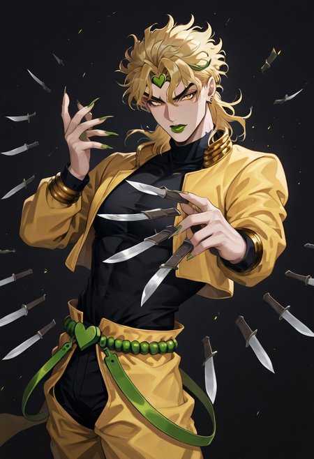 masterpiece, best quality, newest, absurdres, highres, 
anime, anime style, 
1boy, dio brando \(jojo no kimyou na bouken\), blonde, green lipstick, long fingernails, green lips, jewelry, yellow eyes, yellow jacket, black shirt,
KFV1.0, knife, throwing, throw, throwing knife, 
multiple knives, holding, holding knife, weapon, holding weapon, 
knives between fingers,