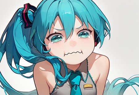 score_9, score_8_up, score_7_up, solo, 1girl, brokentailmiku, aquacrying, wavy mouth, closed mouth, tearing up, side ponytail, grey shirt, sleeveless shirt, aqua necktie, bare shoulders <lora:vocaloid_brokentailmiku_ponyXL:1> <lora:concept_aquacrying_ponyXL:1>