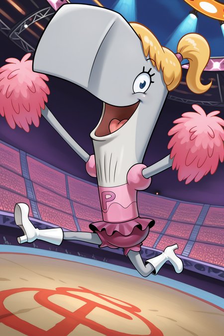 masterpiece, best quality, amazing quality, absurdres, solo, pearlkrabs, grey skin, smile, open mouth, pom pom \(cheerleading\), jumping, looking at viewer, dutch angle, blonde hair, ponytail, pink dress, purple skirt, white heels, outdoors, stage, stadium, arena