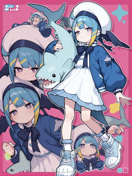lil la,1girl,stuffed shark toy,white sleeveless dress,blue jacket,blue sneakers,white sailor hat,multiple views,blue ribbon,full body,object hug,looking at viewer,white socks,solo,closed mouth,headwings,official art,parody,
masterpiece,best quality,amazing quality,very aesthetic,absurdres,newest,<lora:Evil Twin Ki-sikil alt illusXL v1:0.75>,