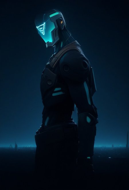 score_9,score_8_up,score_7_up,score_6_up, robot, kayo, triangle face, male robot, solo, 
BREAK 
, dynamic pose, side view, waist up view, focus on dark face, standing tall, 
BREAK 
, masterpiece, high-quality, surreal, futuristic cityscape, skyscrapers, digital era, vibrant, blue-green LED lights,