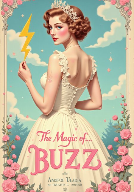 Create an image of a glamorous woman in the style of Alberto Vargas’s pinup paintings from the 1940s. Below her, include text "The Magic of... BUZZ" in a flowing, retro font.
The background should feature a light blue sky with soft, puffy clouds, enhancing the dreamy atmosphere.
Ensure the woman is wearing a wedding dress, ensure the woman's proportions are normal. sensual alluring pose that highlights her curves, embodies an alluring yet playful smile. The view is from behind, with her head turning slightly towards the viewer. with vintage floral or art deco elements subtly woven into the scene. She is holding a simple yellow lightning bolt symbol in her hand.painterly speed-painting, aidmatextimprover, ArsMovieStill, movie still from a pastel-colored 1890s Rococo fantasy opera movie
