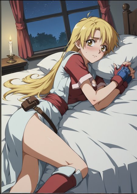 1girl, long hair, blonde hair, yellow eyes, cleavage, short sleeves, fingerless gloves, long dress, side slit, belt, holster,boots, cowboy shot, laying, on bed, from side, hand on hair, blushing, nervous mile, inn, night, window, candlelight <lora:Tendo_Rushuna:0.8>, score_9, score_8_up, score_7_up, score_6_up, score_5_up, score_4_up, BREAK source_anime, masterpiece