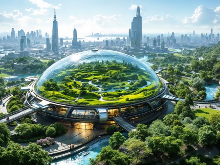 A ring—shaped space station with artificial meadows, rivers and cities under a glass dome inside.