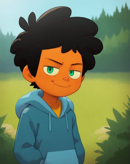 score_9, score_8_up, score_7_up, <lora:MaxCamp:0.8>, 1boy, solo, Max, black hair, green eyes, dark skin, blue hoodie, yellow undershirt, outdoors, smug, looking at viewer,   <lora:bludwing_style:0.8> bludwing style,